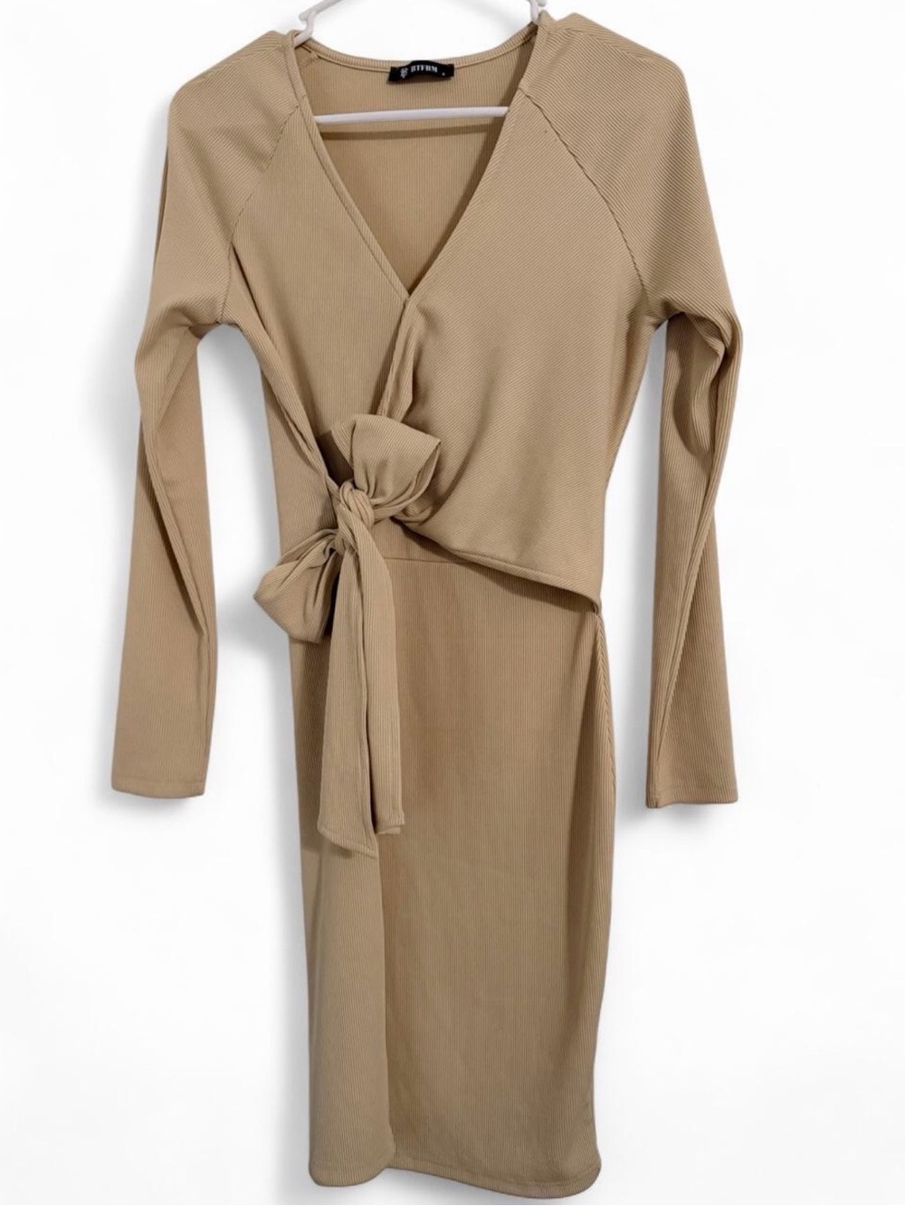 Ribbed Wrap Tie Midi Dress in Beige